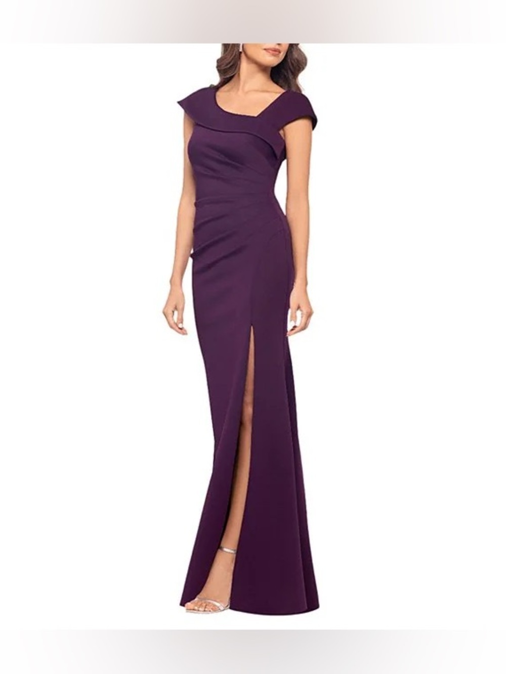 Xscape Women's Long Bodycon Formal Evening Gown with Cap Sleeves Asymmetrical - Picture 3 of 8
